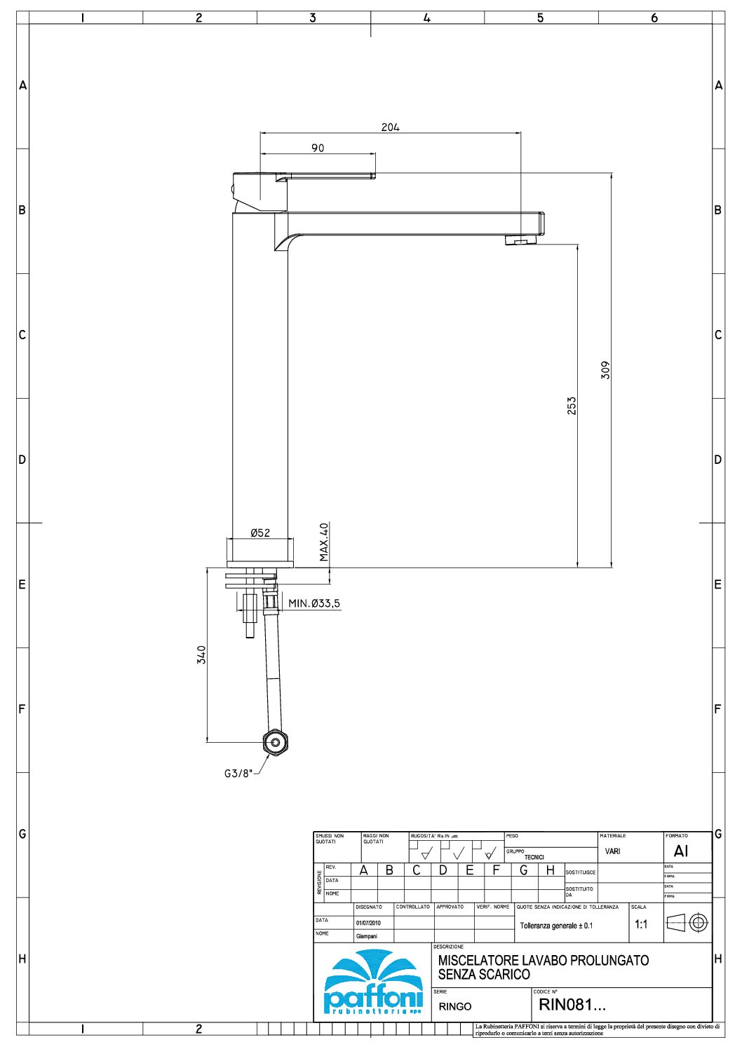 Paffoni Ringo håndvaskarmatur højt - Billede 3