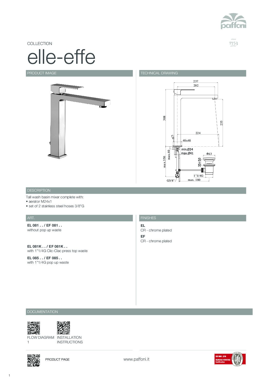 Paffoni Elle håndvaskarmatur højt - Billede 4