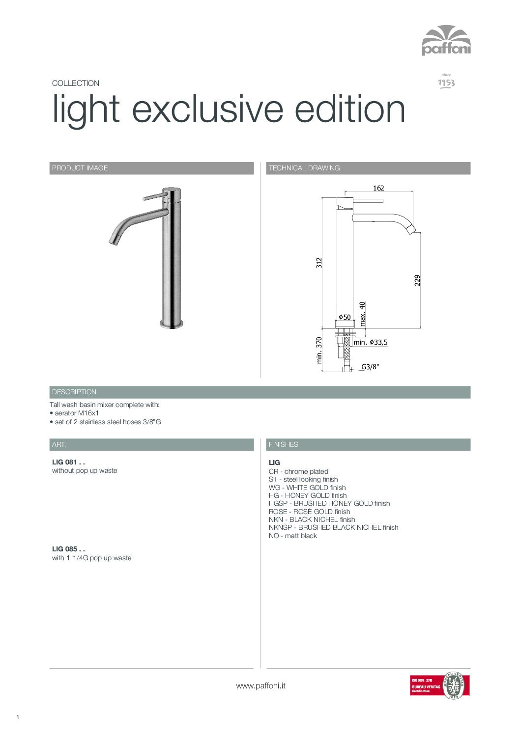 Paffoni Light forhøjet håndvaskarmatur - Billede 4