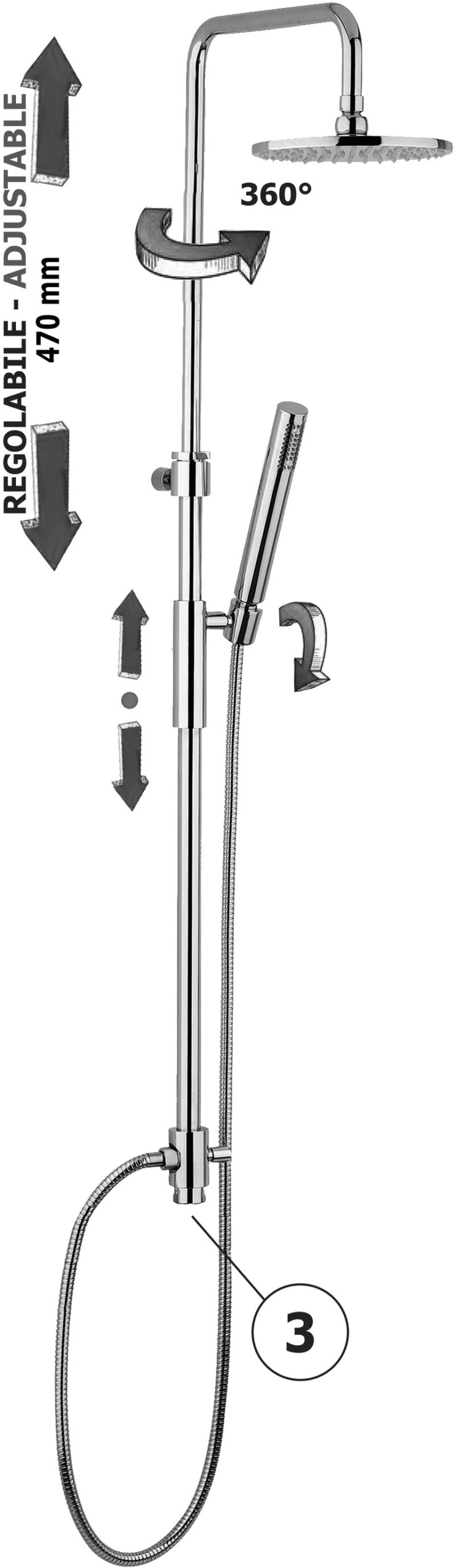 PAFFONI BRUSEKOLONNE MED OMSKIFTER & HÅNDBRUSER U/ARMATUR KROM - Billede 2